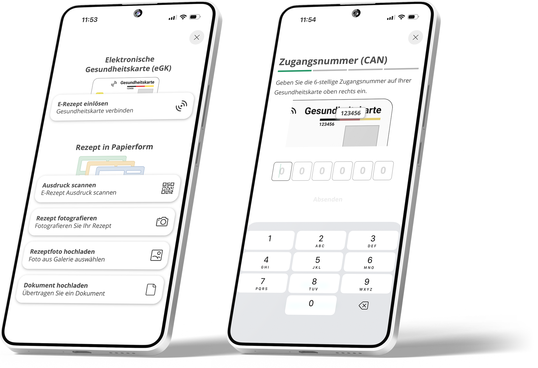 Zwei Smartphones mit dargestellten App-Ansichten für ein E-Rezept.