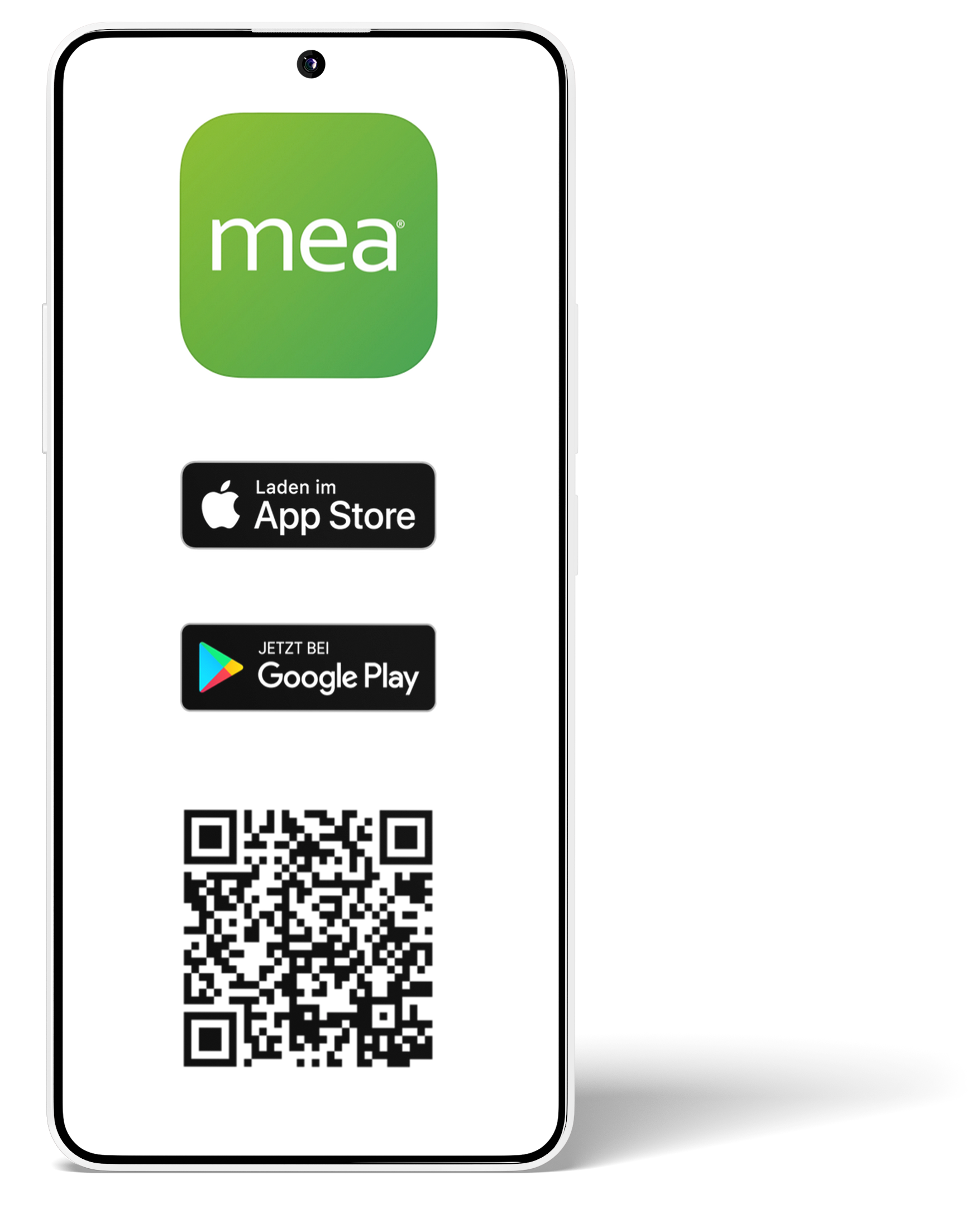Smartphone mit mea App-Icon, App-Store- und Google-Play-Badge sowie QR-Code.